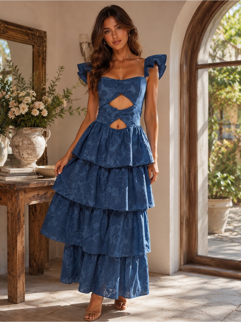 Lena Navy Floral Jacquard Tiered Maxi Dress
